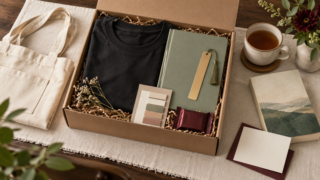 Book club gift box with a black T-shirt, sage reading journal, brass bookmark, page tabs, tote bag, paperback and tea.