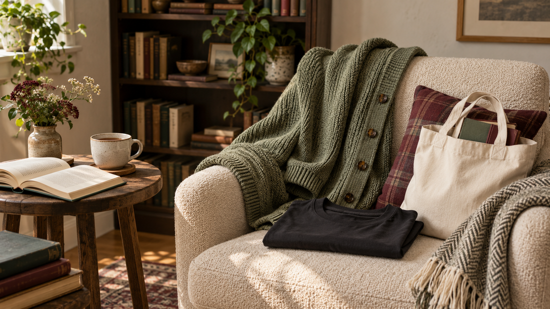 Cosy bookish reading corner with an open book, warm drink, sage cardigan, black T-shirt, canvas tote and wooden bookshelves.