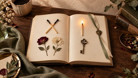 Open book displaying symbolic objects for popular romance tropes, including matches, pressed flowers, an antique key and bookmark ribbons.