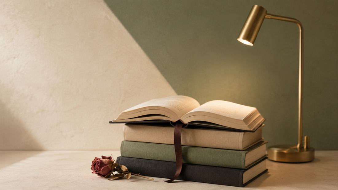 Open romance books in cream and sage reading setting